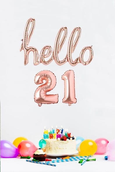 Pazariz 21 Yaş Doğum Günü Balonları - Hello 21 El Yazısı Rose Gold Renk Folyo Balon ürün görseli 1