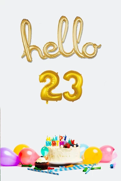 Pazariz 23 Yaş Doğum Günü Balonları - Hello 23 El Yazısı Gold Renk Folyo Balon ürün görseli 1
