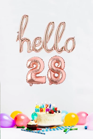 Pazariz 28 Yaş Doğum Günü Balonları - Hello 28 El Yazısı Rose Gold Renk Folyo Balon ürün görseli 1