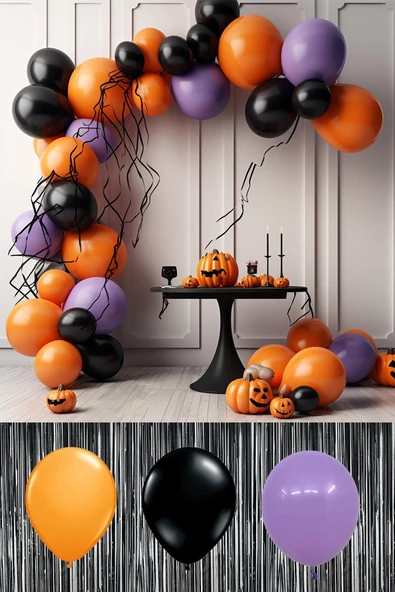 Pazariz Cadılar Bayramı Balon Zinciri Turuncu Siyah Lila Balon Zinciri 50 adet Balon Halloween Balonları ürün görseli 1