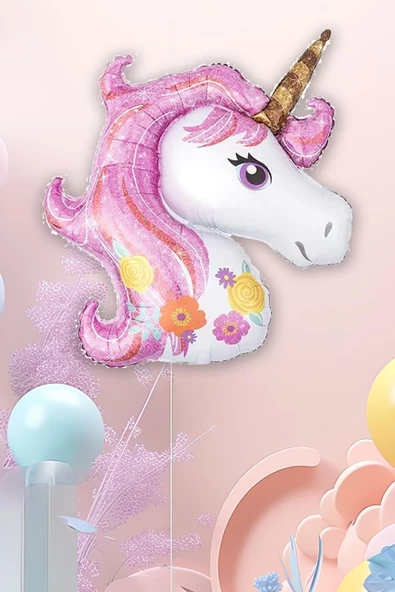 Pazariz Pembe Unicorn Çiçekli Büyük Folyo Balon 42inç Doğum Günü Balonu ürün görseli 1