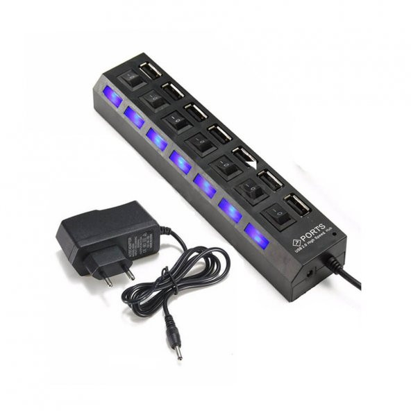 7 Port Usb Hub Çoklayıcı Çoğaltıcı OnOff Düğmeli Işıklı Adaptörlü ürün görseli 1