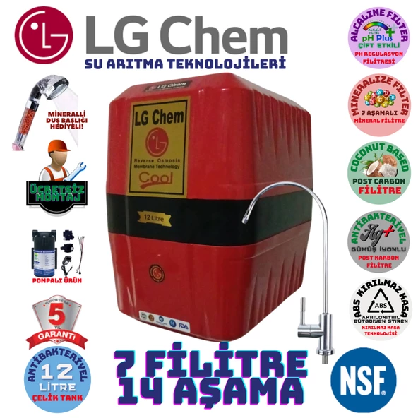 LG Chem COOL KIRMIZI SİYAH POMPALI MONTAJ DAHİL 12 LİTRE 7 FİLTRE 14 AŞAMA SU ARITMA CİHAZI ürün görseli 1