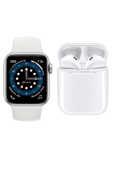Pazariz T500 Saat Smart Watch Ve  I12 Tws  Kablosuz Kulaklık Beyaz Ikili Kombin ürün görseli 1