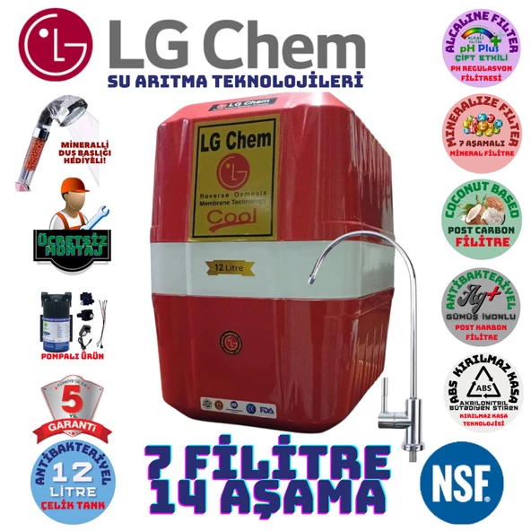 LG Chem COOL KIRMIZI BEYAZ POMPALI MONTAJ DAHİL 12 LİTRE 7 FİLTRE 14 AŞAMA SU ARITMA CİHAZI ürün görseli 1