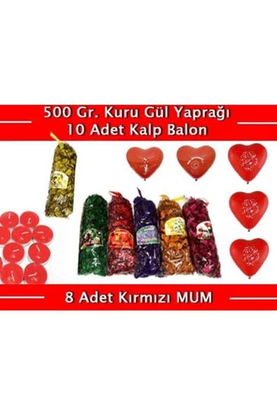 Pazariz Renkli Kokulu Gül Yaprakları 500 Gr + 10 Kalpli Balon + 8 Kırmızı Mum ürün görseli 1