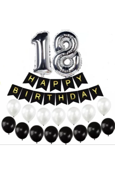 Pazariz 18 Yaş Gümüş Folyo Balon Happy Bırthday Banner Yazı Seti Balonlu ürün görseli 1