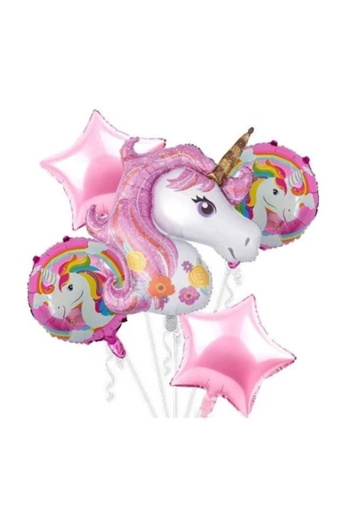 Pazariz Unicorn Folyo Balon Seti Pembe 5 Li Set ürün görseli 1