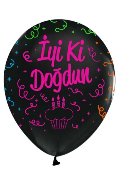 Pazariz Neon Baskılı Iyi Ki Doğdun 12" Siyah Balon 10lu Pkt ürün görseli 1