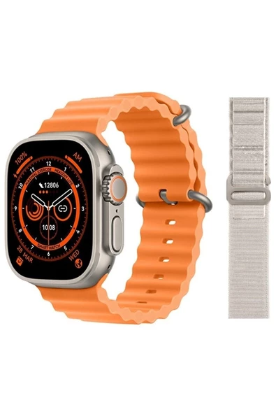 Pazariz Gs8 Watch 8 Ultra Akıllı Saat Turuncu Türkçe Watch 2.02 Inc Beyaz Bez Kordon Hediye ürün görseli 1