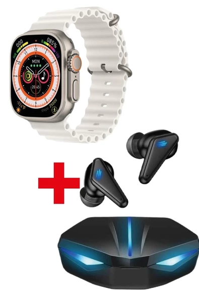 Pazariz Gs8 Watch 8 Ultra Akıllı Saat Beyaz Watch + K55 Oyuncu Bluetooth Kulaklık Hediye ürün görseli 1