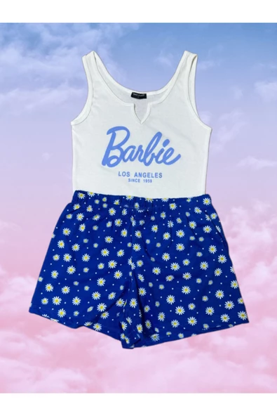 Pazariz Pembecin Şortlu Pijama Takımı Babydol ip Askılı Yazlık Pamuklu Kolsuz Mavi Beyaz Yazılı ürün görseli 1