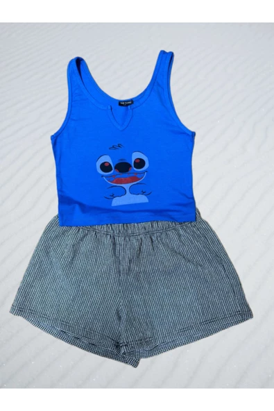 Pazariz Pembecin Şortlu Pijama Takımı Babydol ip Askılı Yazlık Pamuklu Kolsuz Mavi Gri Ayıcık ürün görseli 1