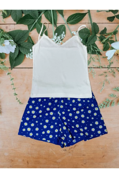 Pazariz Pembecin Şortlu Pijama Takımı Babydol ip Askılı Yazlık Pamuklu Kolsuz Beyaz Askılı Mavi Çiçekli ürün görseli 1