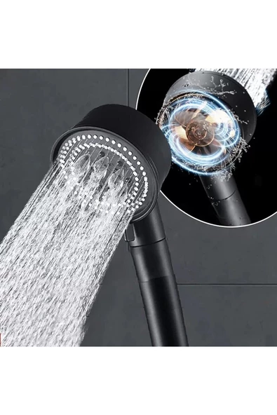 Pazariz Siyah Turbo Fan Pervaneli 5 Fonksiyonlu Stoplu Duş Başlığı El Duşu ürün görseli 1