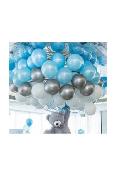 Pazariz 50 Ad A.mavi-beyaz-gümüş Metalik Balon 5 mt Balon Zinciri Parti Balon Seti ürün görseli 1