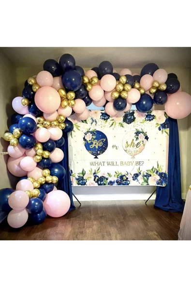 Pazariz Krom Gold Gece Mavisi Ve Makaron Pembe Balon Zinciri 100 Adet ürün görseli 1