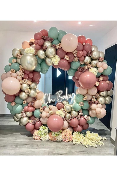 Pazariz Krom White Gold Pastel Rosewood Pink Blush ve Kış Yeşili Balon Zinciri 100 Adet ürün görseli 1