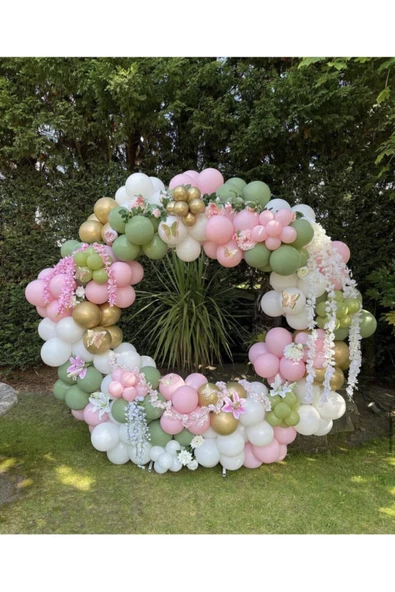 Pazariz Krom Gold Kış Yeşili Makaron Pembe Ve Beyaz Balon Zinciri 100 Adet ürün görseli 1