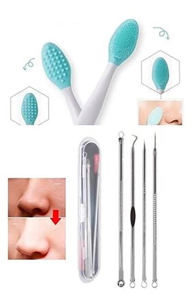 Pazariz 4 Parça Kutulu Paslanmaz Çelik Komedon + Siyah Nokta Temizleyici Dudak Peeling Fırçası 2'li Set ürün görseli 1