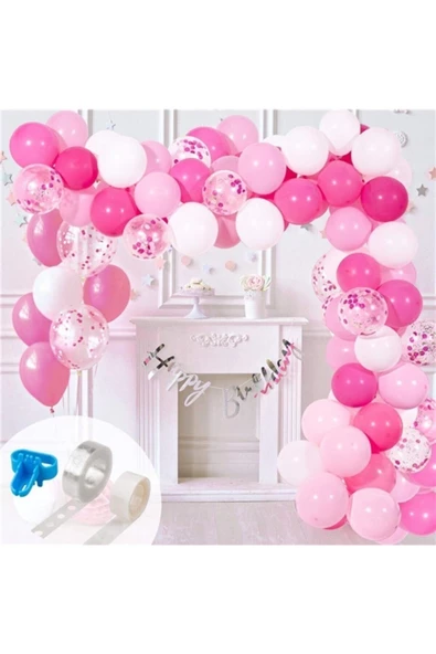 Pazariz Zincir Balon Seti Pembe - Beyaz / Konfetili 130 Adet Balon ürün görseli 1