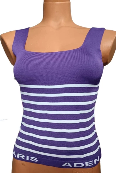 Pazariz Mor Beyaz Çizgili Kare Yaka Atlet Triko Bluz Crop S / M / L Beden Uyumlu ürün görseli 1