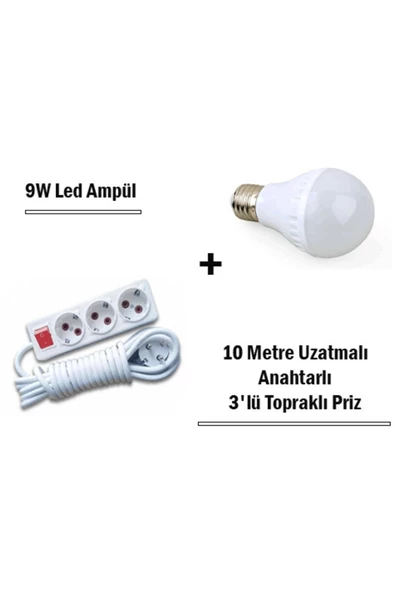 Pazariz 9w Led Ampul ve 10 mt Uzatmalı Anahtarlı 3'lü Priz Set ürün görseli 1