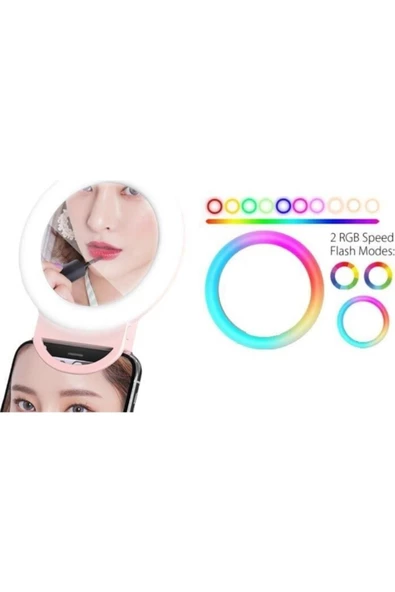 Pazariz Rgb Led Aynalı Selfie Işığı Makyaj Aynası Gökkuşağı Renkli Şarjlı ürün görseli 1