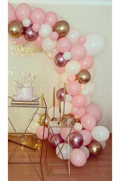 Pazariz Krom Pembe Krom Gold Pastel Beyaz Pembe Balon Konsept Balon ürün görseli 1
