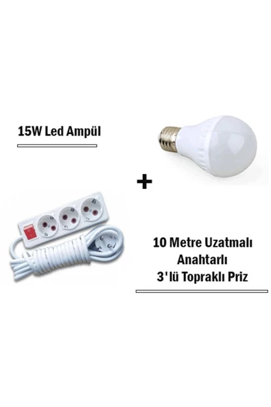 Pazariz 15w Led Ampul + 10 Metre Uzatmalı Anahtarlı 3lü Priz Set ürün görseli 1