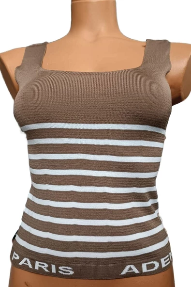 Pazariz Kahverengi Beyaz Çizgili Kare Yaka Atlet Triko Bluz Crop S / M / L Beden Uyumlu ürün görseli 1