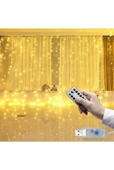 Pazariz Peri Led Perde Led Sarı Usb Fişli 3x3 Metre Usb Uzakdan Kumandalı ürün görseli 1