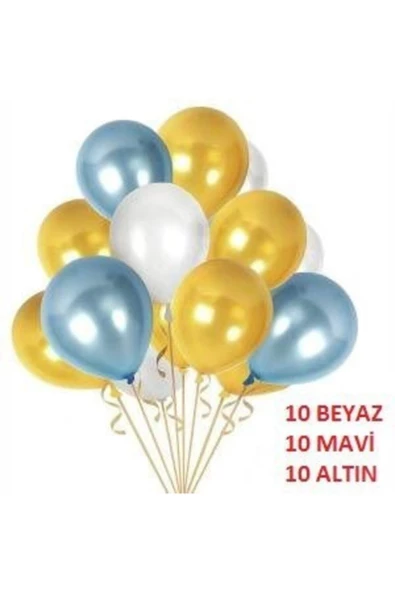 Pazariz 30 Adet Metalik Sedefli Kaliteli Balon - 10 Mavi 10 Beyaz 10 Gold ürün görseli 1