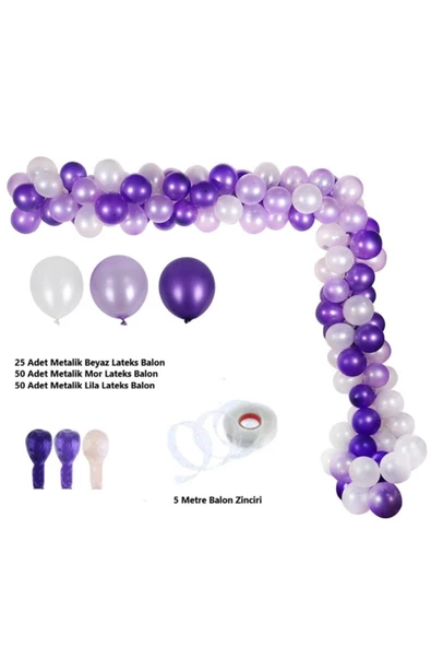 Pazariz 125 Adet Mor Lila Beyaz Metalik Balon Kombin Balon Zinciri Seti ürün görseli 1