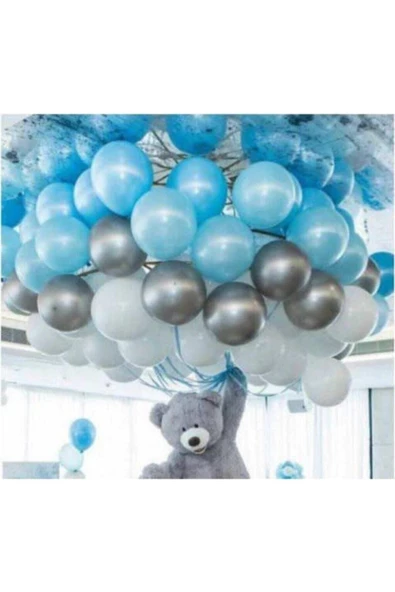 Pazariz 50 Ad A.mavi-beyaz-gümüş Metalik Balon, 5 Mt Balon Zinciri , Parti Balon Seti ürün görseli 1