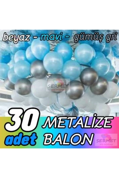 Pazariz 30 Adet Metalik Balon (mavi+beyaz+gri) Parlak Balon Metalize Balon ürün görseli 1