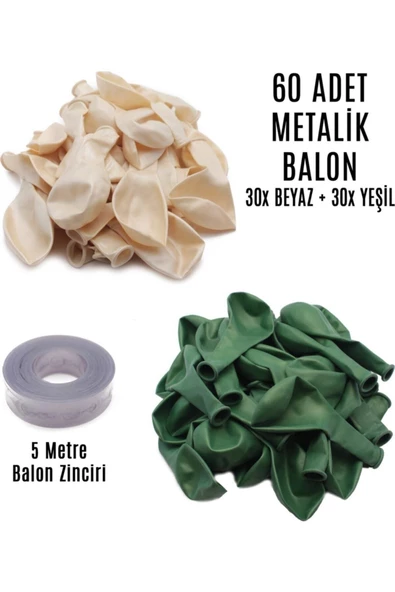 Pazariz 60 Adet Beyaz Ve Yeşil Karışık Metalik Balon + 5 Metre Balon Zinciri ürün görseli 1