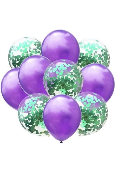 Pazariz Metalik Mor Yeşil Konfetili Balon ürün görseli 1