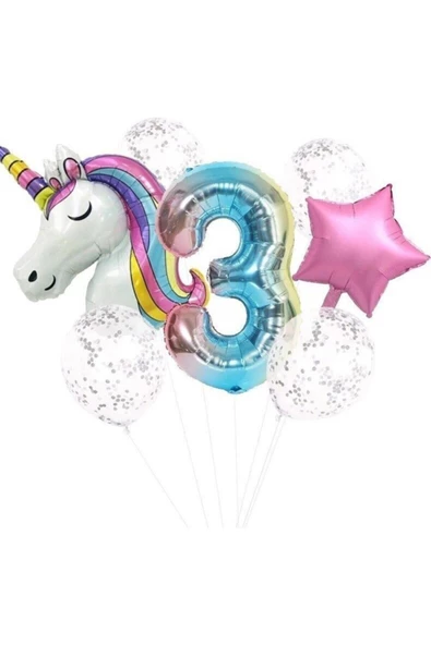 Pazariz Unicorn Folyo Balon Doğum Günü Seti 3 Yaş ürün görseli 1