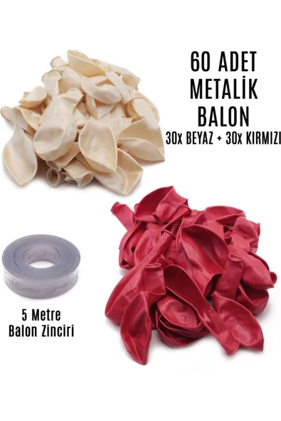 Pazariz 60 Adet Beyaz Ve Kırmızı Karışık Metalik Balon + 5 Metre Balon Zinciri ürün görseli 1