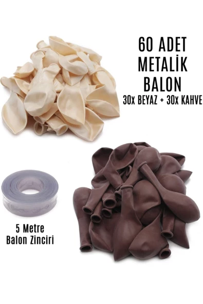 Pazariz 60 Adet Beyaz Ve Kahverengi Karışık Metalik Balon + 5 Metre Balon Zinciri ürün görseli 1