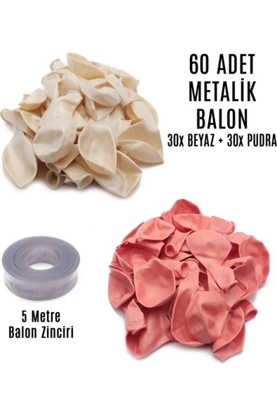 Pazariz 60 Adet Beyaz Ve Pudra Karışık Metalik Balon + 5 Metre Balon Zinciri ürün görseli 1