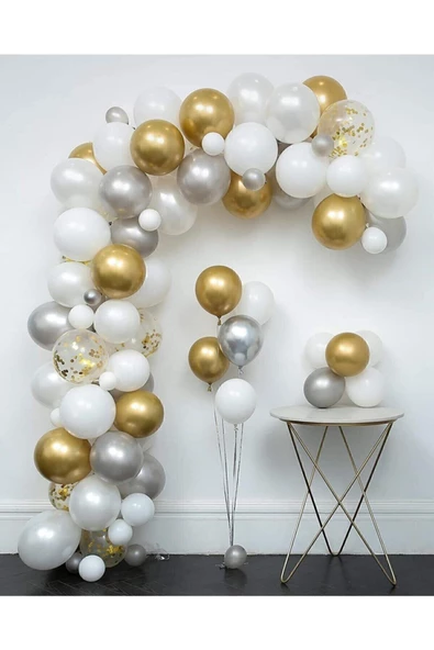 Pazariz 30 Adet Metalik Sedefli Gold-gümüş Gri-beyaz Balon, Helyumla Uçan ürün görseli 1