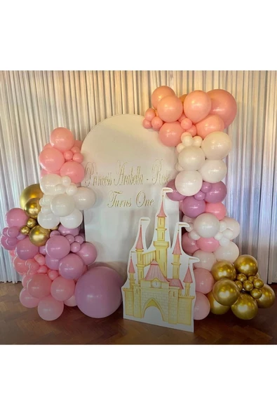 Pazariz Krom Gold Retro Toz Pembe Makaron Pembe Ve Beyaz Balon Zinciri 100 Adet ürün görseli 1