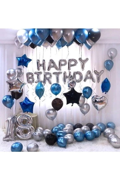Pazariz Gümüş Happy Birthday Yazılı Doğum Günü Balonu Kombini Mavi Konsept ürün görseli 1