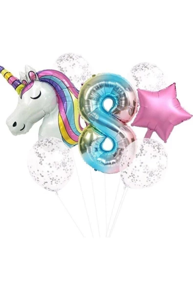 Pazariz Unicorn Folyo Balon Doğum Günü Seti 8 Yaş ürün görseli 1