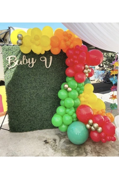 Pazariz Krom Gold Pastel Sarı Açık Yeşil Turuncu Ve Kırmızı Balon Zinciri 100 Adet ürün görseli 1