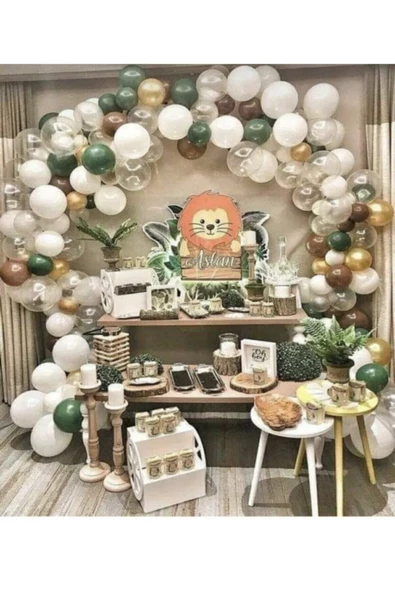 Pazariz Safari Temalı Yeşil Beyaz Şeffaf Gold Kahverengi Balon Zinciri 100 Adet ürün görseli 1