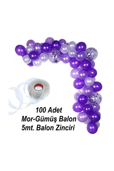 Pazariz 100 Adet Metalik Balon Ve 5 Metre Balon Zinciri (mor - Gümüş Karışık ) Uçan Balon ürün görseli 1