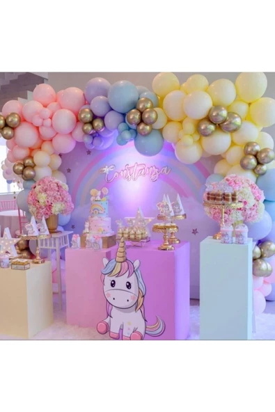 Pazariz 100 Adet Unicorn Doğum Günü Parti Temalı Karışık Makaron Krom Balon Seti ürün görseli 1